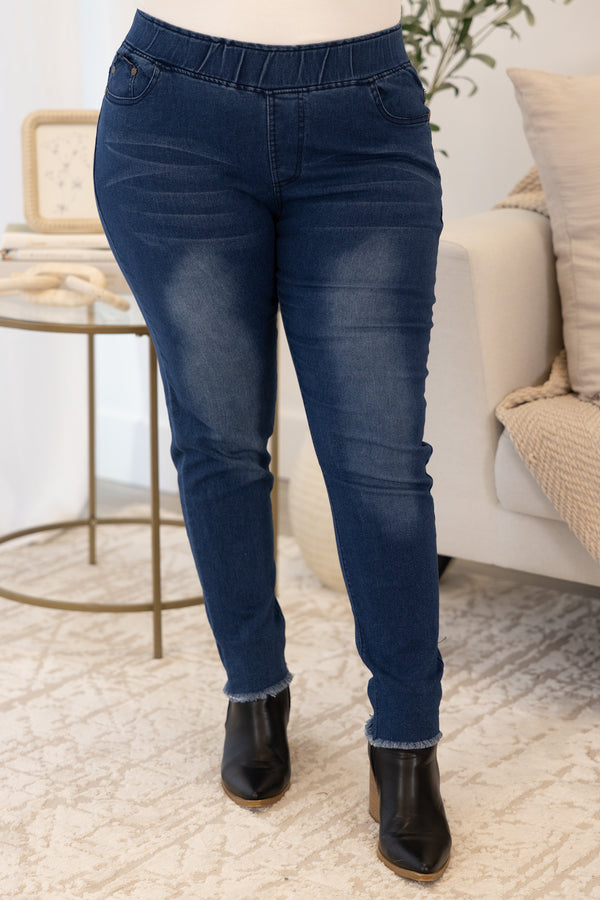 Chic Soul plus size clothing, blue mid wash jeggings with stretchy waistband pockets and raw hem