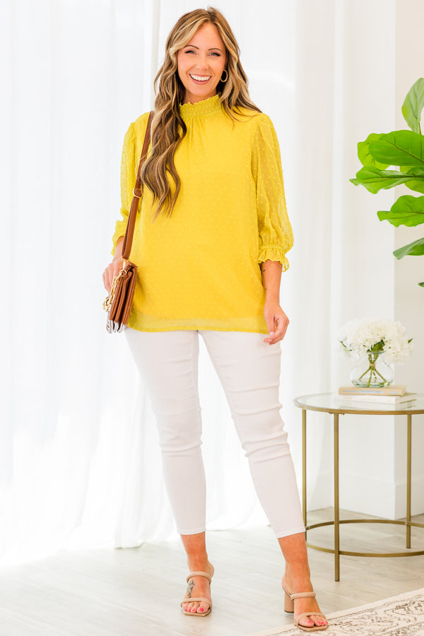 Chic Soul plus size clothing, quarter sleeve mustard yellow blouse with smocked high-neckline and spotted material