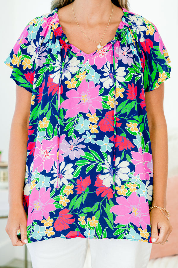Chic Soul plus size clothing, navy short sleeve multi floral print top with flutter sleeves with v neckline
