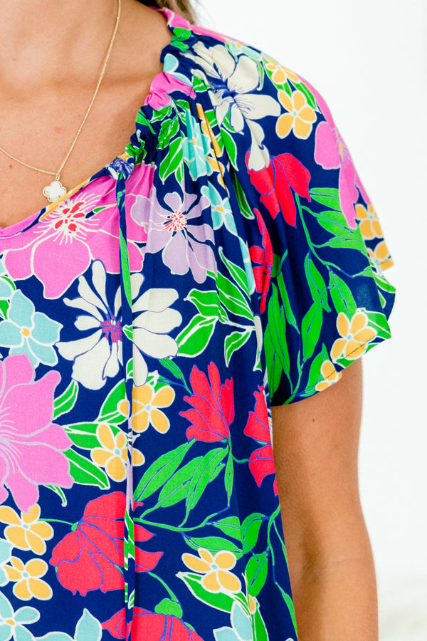 Chic Soul plus size clothing, navy short sleeve multi floral print top with flutter sleeves with v neckline