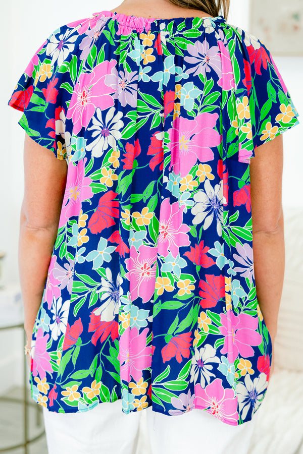 Chic Soul plus size clothing, navy short sleeve multi floral print top with flutter sleeves with v neckline