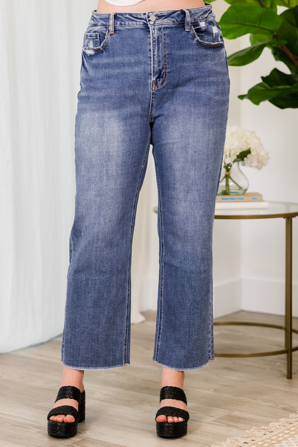 Chic Soul plus size clothing, medium wash straight leg denim jeans with raw hem