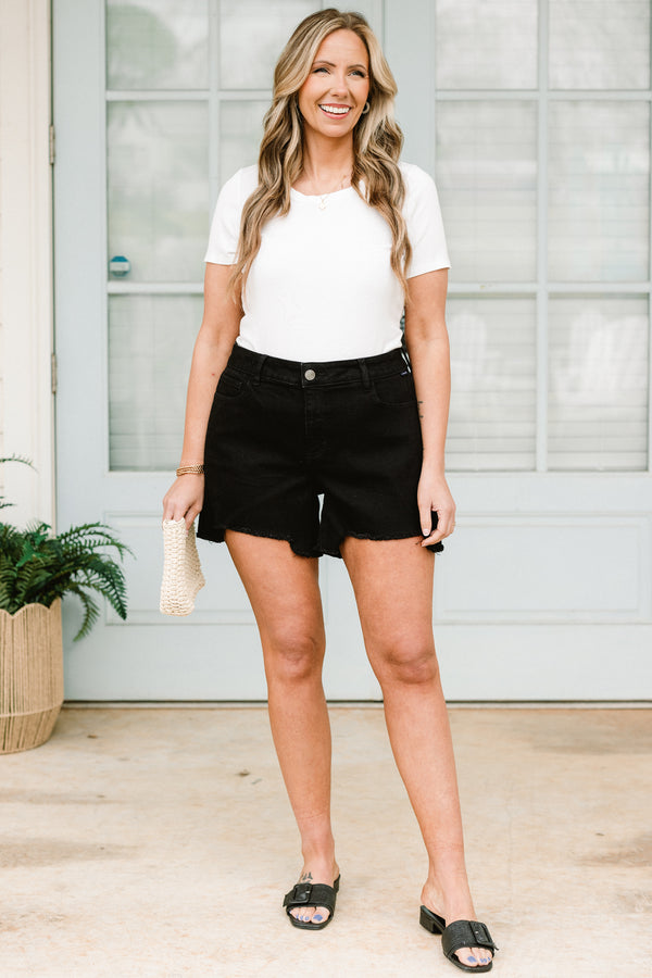 Chic Soul plus size clothing, black denim shorts with distressed hemline