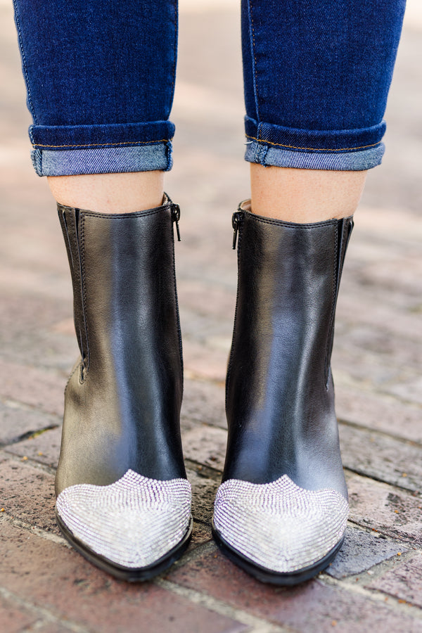Chic Soul plus size clothing, black short booties with black wood heel with rhinestone toe detail