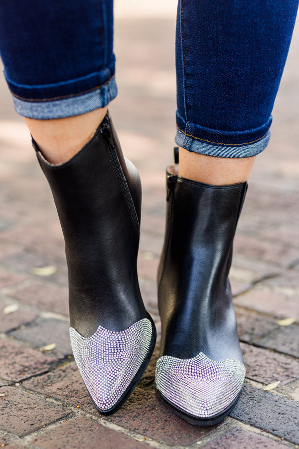 Chic Soul plus size clothing, black short booties with black wood heel with rhinestone toe detail