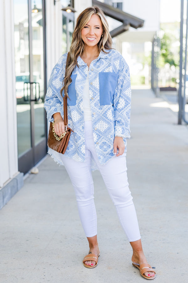 Chic Soul plus size clothing, white-blue long sleeve denim jacket with bandana print and button up detail with collar and chest pockets