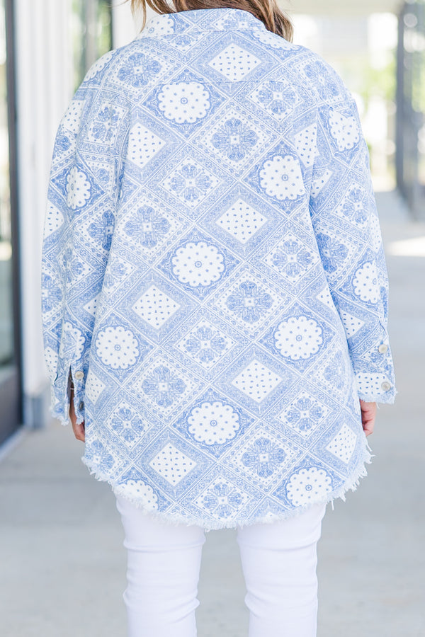 Chic Soul plus size clothing, white-blue long sleeve denim jacket with bandana print and button up detail with collar and chest pockets