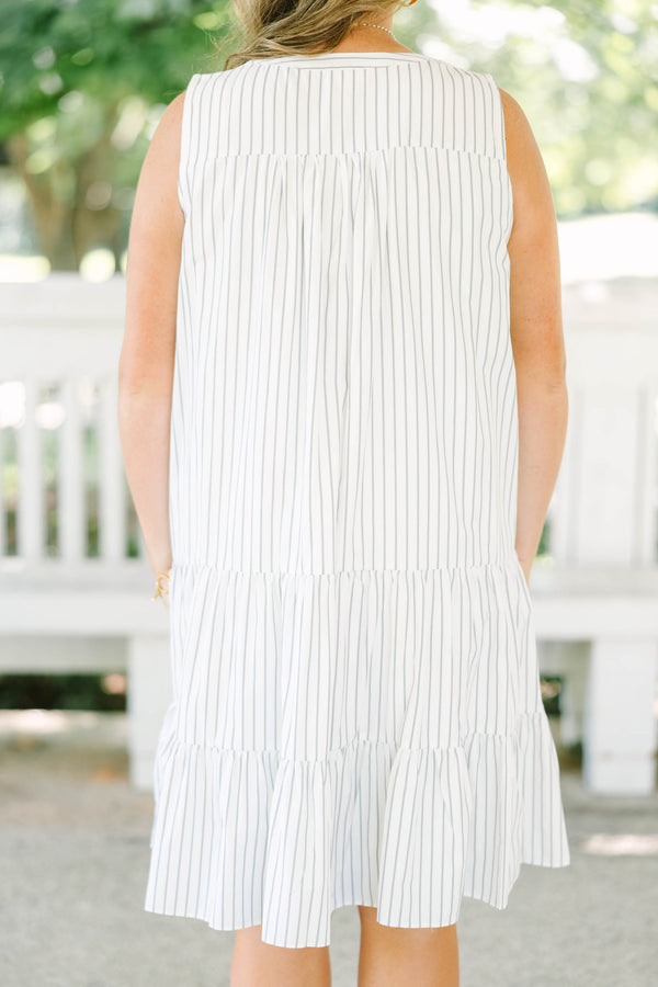 Chic Soul plus size clothing, off white sleeveless tiered mini dress with v neckline with black pin stripe detail