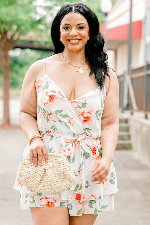 Chic Soul plus size clothing, white spaghetti strap romper with v neckline and pink and green floral pattern with tie waistline