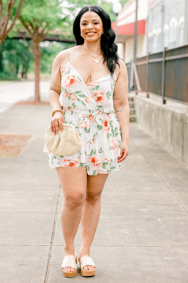 Chic Soul plus size clothing, white spaghetti strap romper with v neckline and pink and green floral pattern with tie waistline