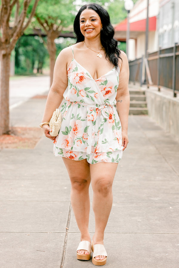 Chic Soul plus size clothing, white spaghetti strap romper with v neckline and pink and green floral pattern with tie waistline