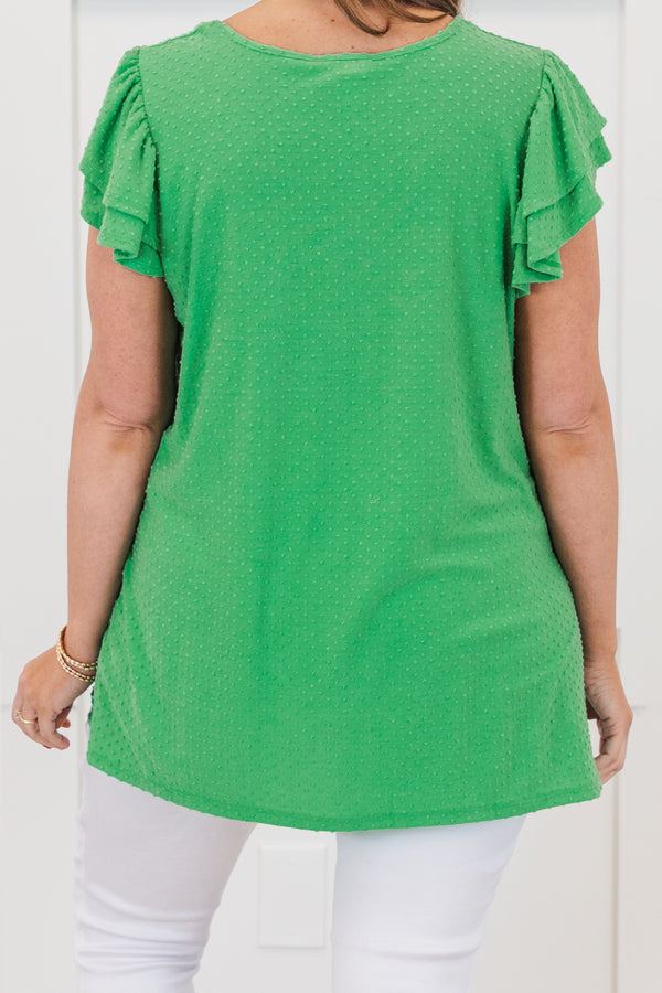 Chic Soul plus size clothing, short sleeve flowy green top with round neckline with tiered flowy ruffle sleeves