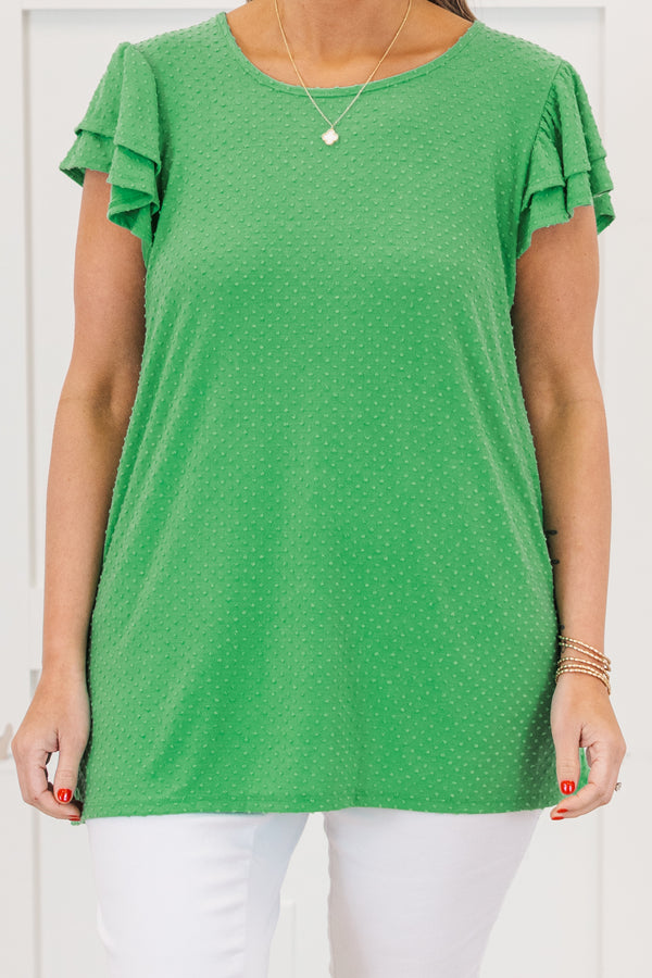 Chic Soul plus size clothing, short sleeve flowy green top with round neckline with tiered flowy ruffle sleeves