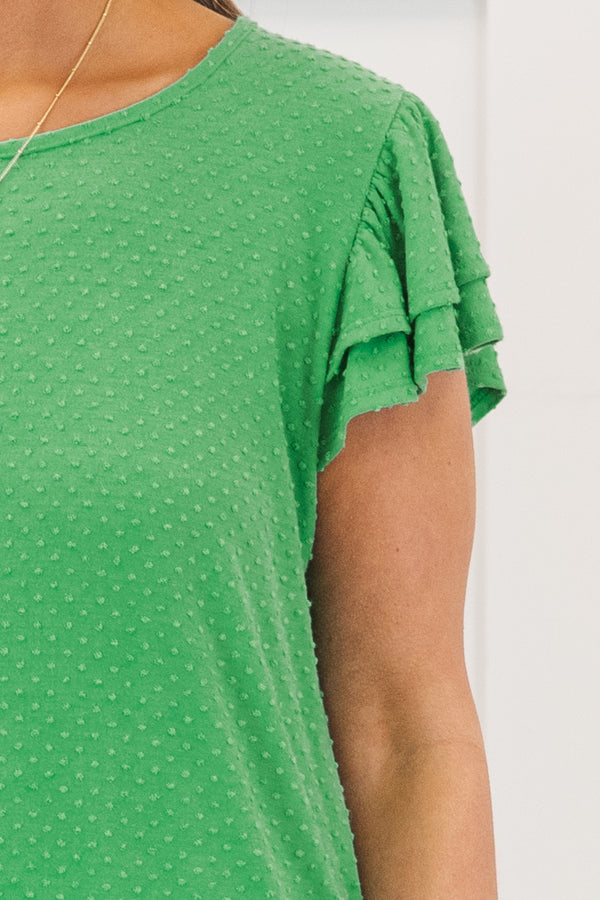 Chic Soul plus size clothing, short sleeve flowy green top with round neckline with tiered flowy ruffle sleeves
