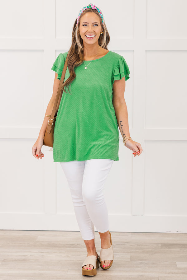 Chic Soul plus size clothing, short sleeve flowy green top with round neckline with tiered flowy ruffle sleeves