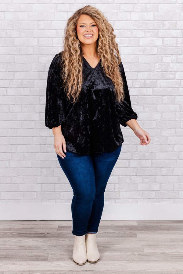 Chic Soul plus size clothing, Black velvet top with three-quarter length sleeves with cuff and v neck
