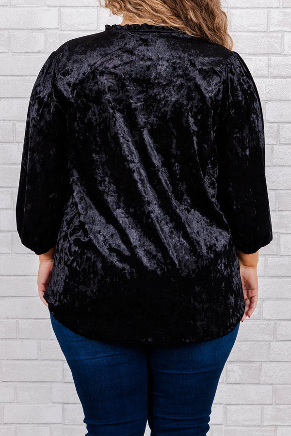 Chic Soul plus size clothing, Black velvet top with three-quarter length sleeves with cuff and v neck