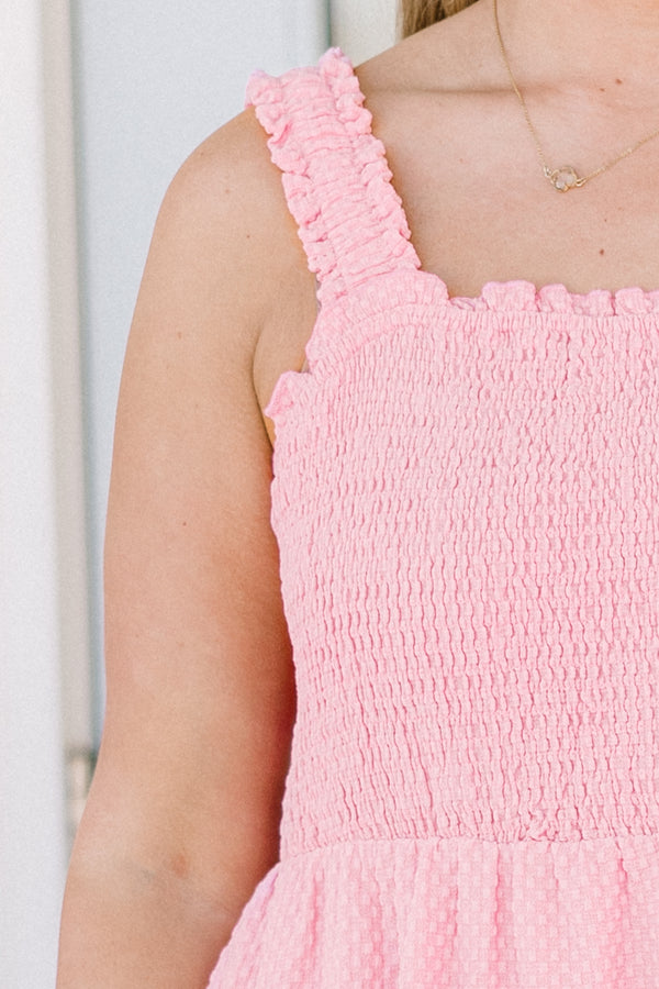 Chic Soul plus size clothing, baby pink ruffled strap smocked bodice ruffled baby doll dress with a square-neckline and hidden pockets