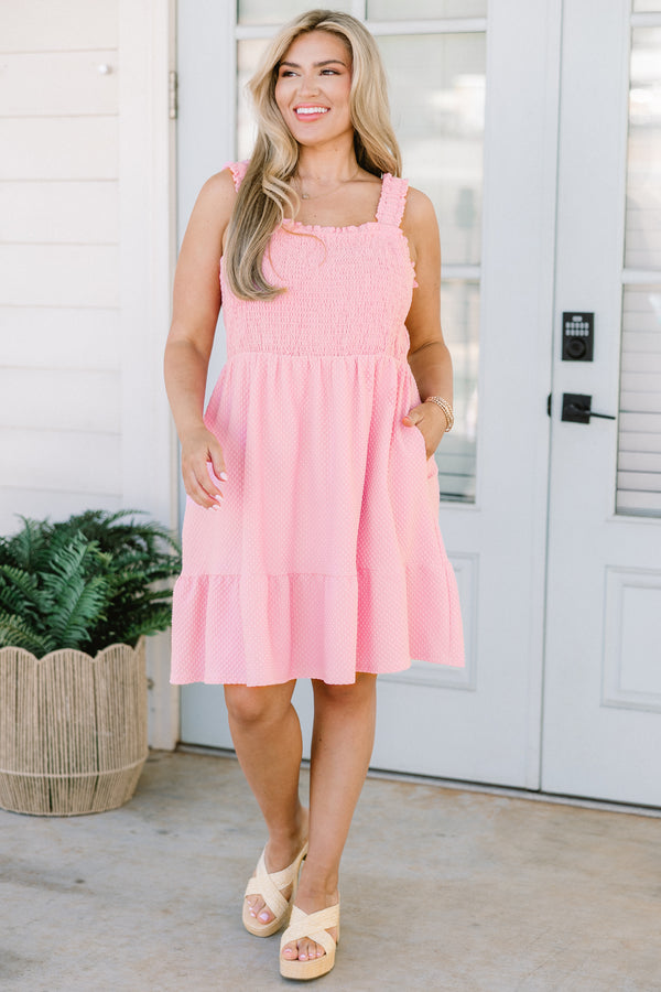 Chic Soul plus size clothing, baby pink ruffled strap smocked bodice ruffled baby doll dress with a square-neckline and hidden pockets