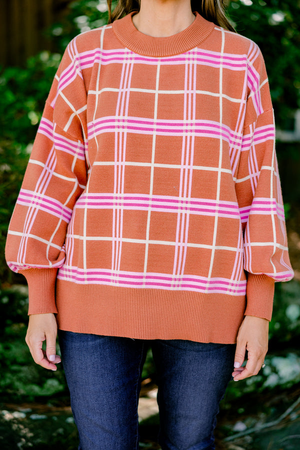 Chic Soul plus size clothing, orange long sleeve sweater with pink and white checkered print