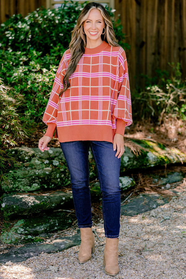 Chic Soul plus size clothing, orange long sleeve sweater with pink and white checkered print