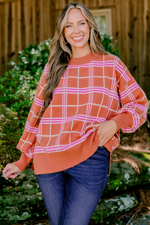 Chic Soul plus size clothing, orange long sleeve sweater with pink and white checkered print