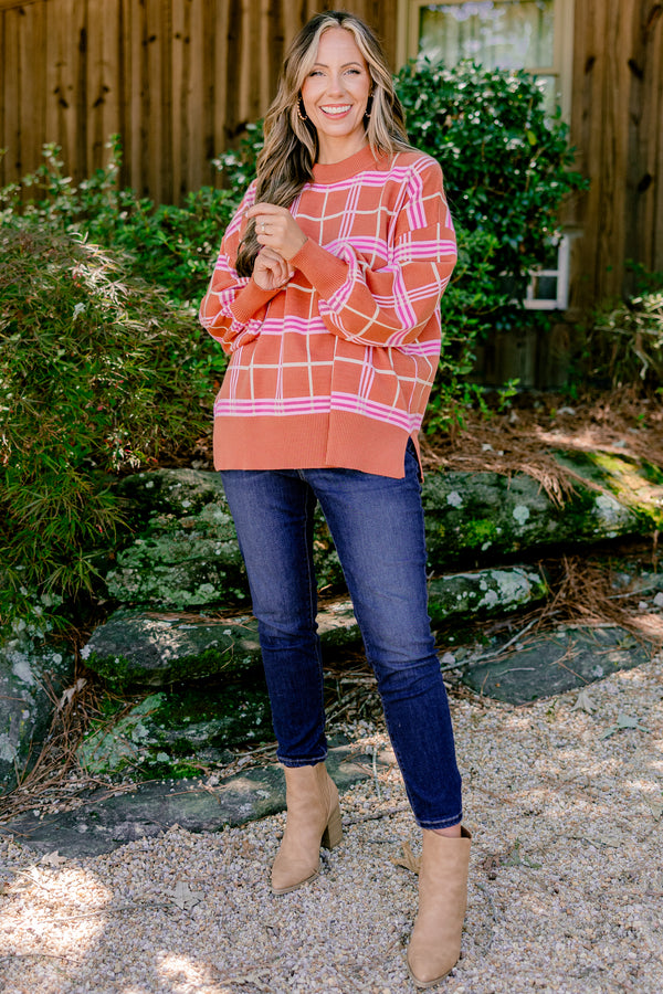 Chic Soul plus size clothing, orange long sleeve sweater with pink and white checkered print