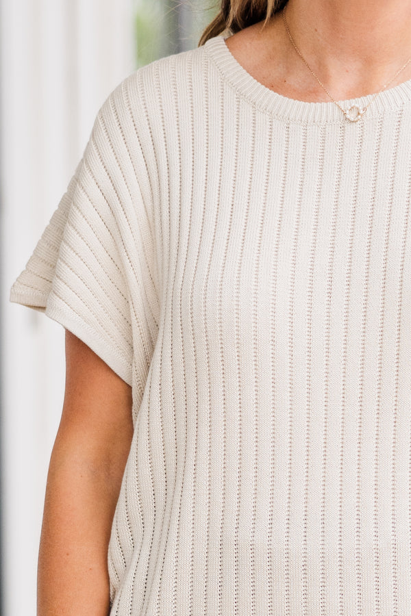 Chic Soul plus size clothing, short-sleeve oatmeal tan knit sweater with ribbed knit pattern 