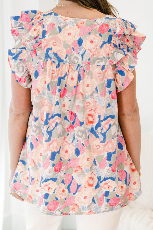 Chic Soul plus size clothing, short-flutter-sleeve pink top with a split-v-neckline and an abstract watercolor multi-colored floral pattern