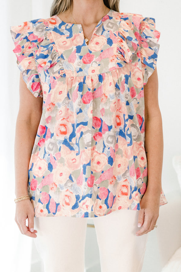Chic Soul plus size clothing, short-flutter-sleeve pink top with a split-v-neckline and an abstract watercolor multi-colored floral pattern
