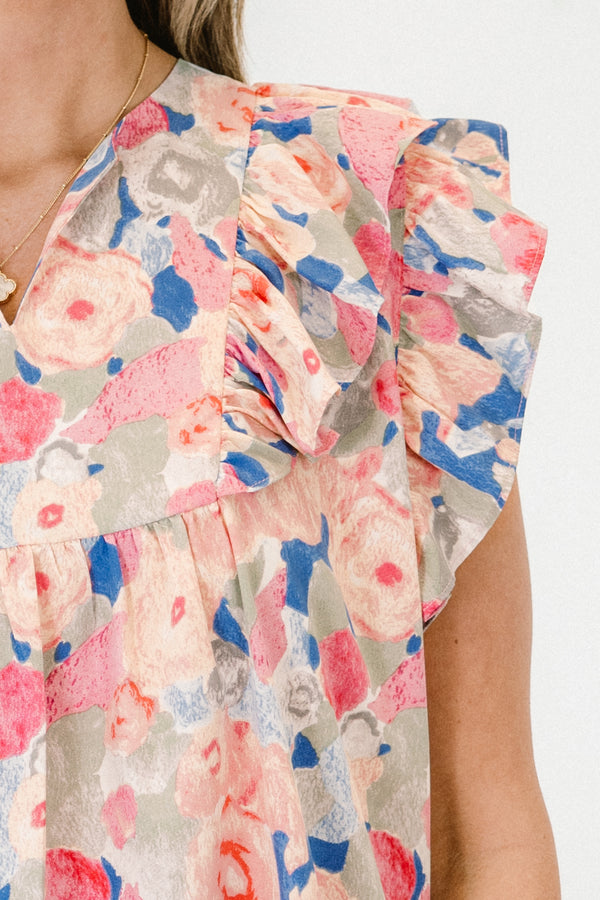 Chic Soul plus size clothing, short-flutter-sleeve pink top with a split-v-neckline and an abstract watercolor multi-colored floral pattern