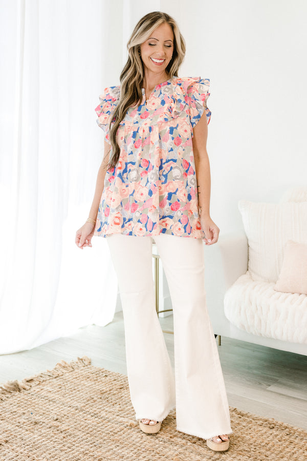 Chic Soul plus size clothing, short-flutter-sleeve pink top with a split-v-neckline and an abstract watercolor multi-colored floral pattern