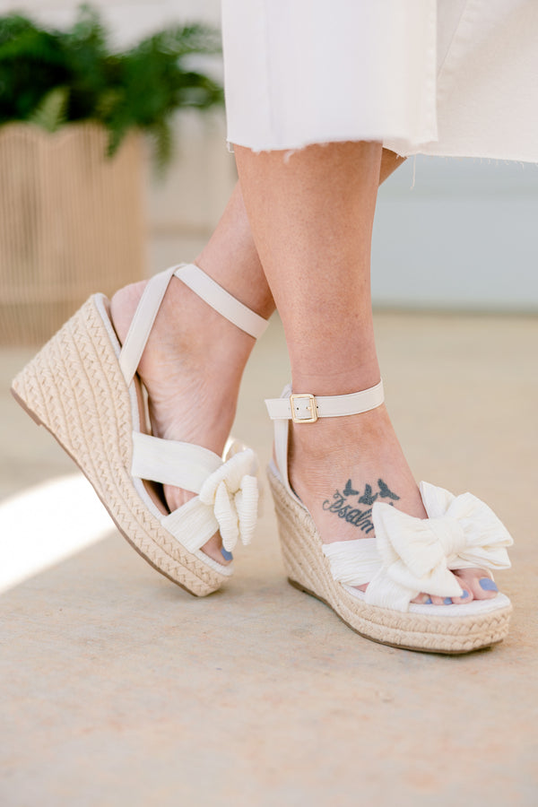 Chic Soul plus size clothing, ivory bow espadrille wedges with ivory ankle strap with bow detail strap on the front