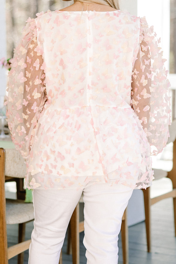 Chic Soul plus size clothing, quarter-puffed-sleeve pink mix baby doll top with a square-neckline and a pink butterfly pattern 