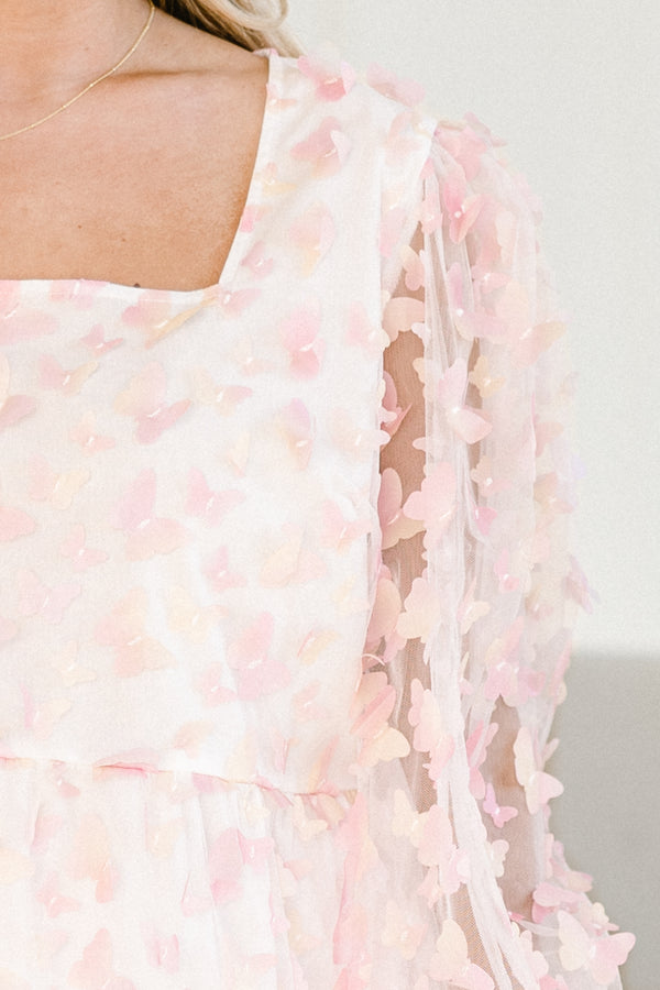 Chic Soul plus size clothing, quarter-puffed-sleeve pink mix baby doll top with a square-neckline and a pink butterfly pattern 