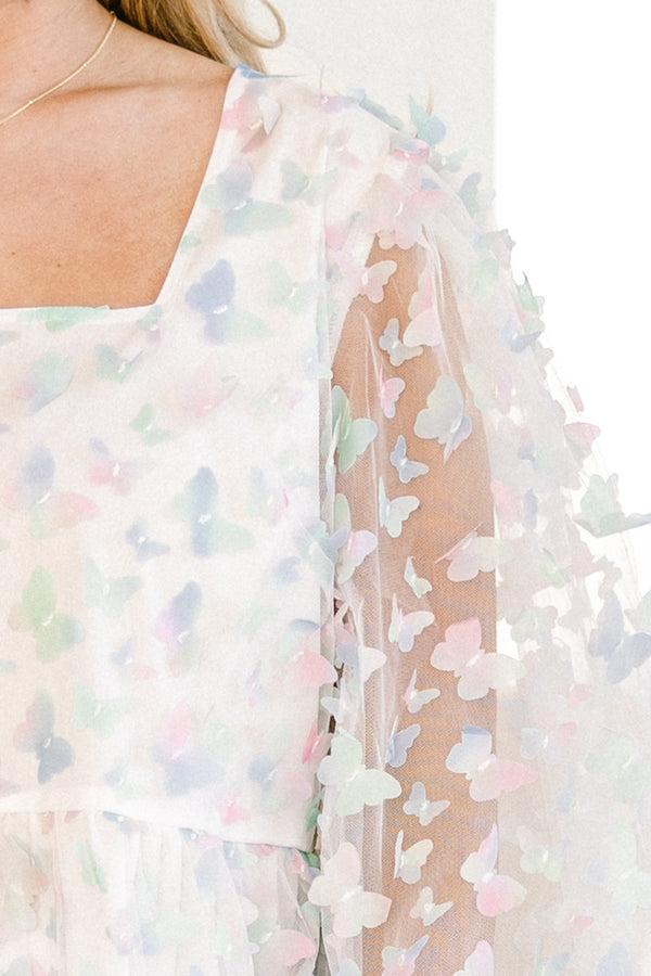 Chic Soul plus size clothing, sage mix multicolor ivory long sleeve peplum top with square neckline with sheer sleeves with butterfly raised detail all over
