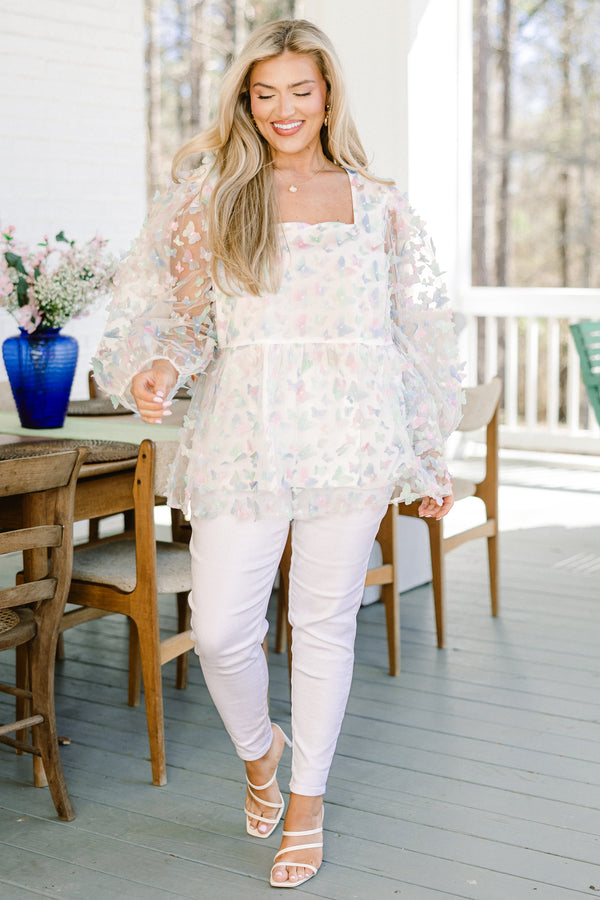 Chic Soul plus size clothing, sage mix multicolor ivory long sleeve peplum top with square neckline with sheer sleeves with butterfly raised detail all over