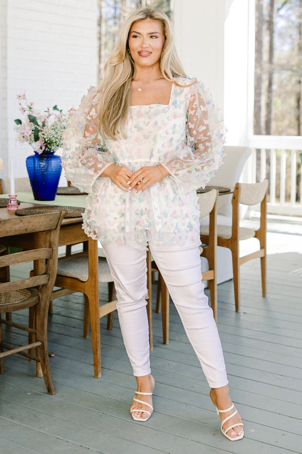Chic Soul plus size clothing, sage mix multicolor ivory long sleeve peplum top with square neckline with sheer sleeves with butterfly raised detail all over