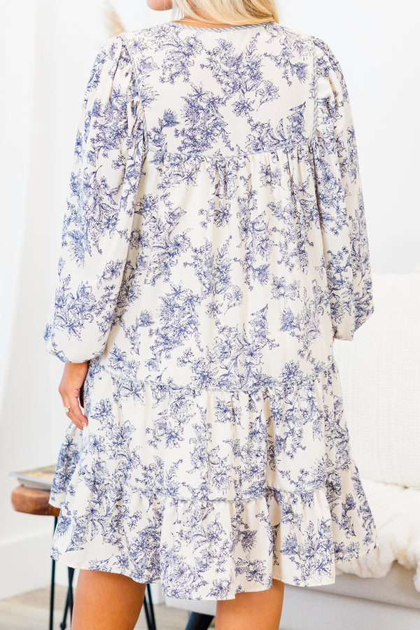 Chic Soul plus size clothing, blue long sleeve floral tiered mini dress with smocked top detail with tie detail on round neckline with cuffed bubble sleeves