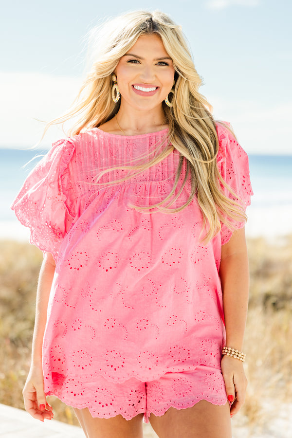 Chic Soul plus size clothing, short-flutter-sleeve pink top with eyelet pattern and a high-scoop-neckline 