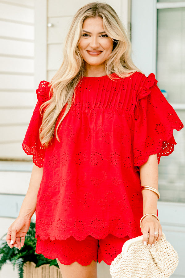 Chic Soul plus size clothing, bright red flutter sleeve  pleated neckline blouse with embroidered eyelet pattern and scalloped edges