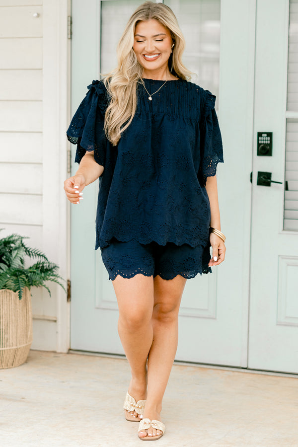 Chic Soul plus size clothing, navy blue lacey shorts with a stretch waist band 
