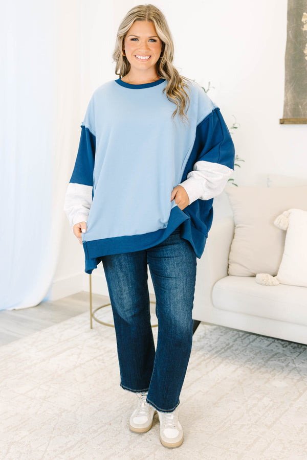 Plus size clothing, blue color block oversized pullover