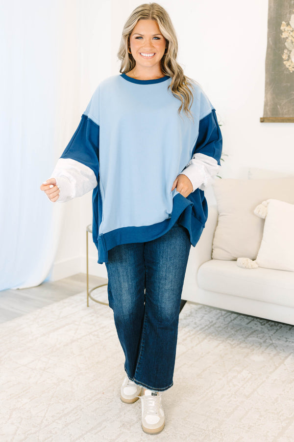 Plus size clothing, blue color block oversized pullover