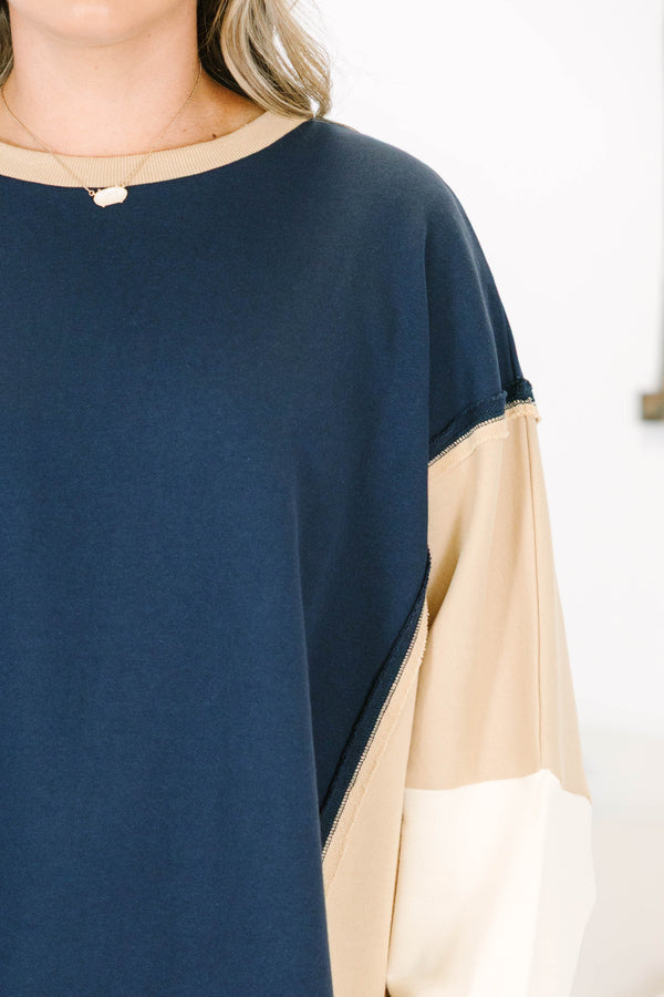 Plus size navy colorblock pullover with tan and cream accents, featuring a relaxed, flowy cotton fit