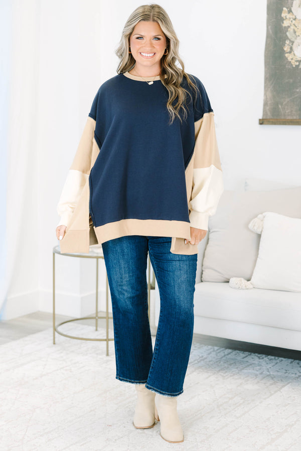 Plus size navy colorblock pullover with tan and cream accents, featuring a relaxed, flowy cotton fit