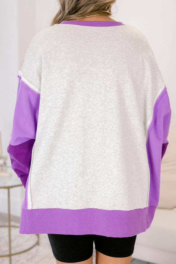 Chic Soul plus size clothing, heather grey crewneck pullover with different shades of purple color blocked sleeves
