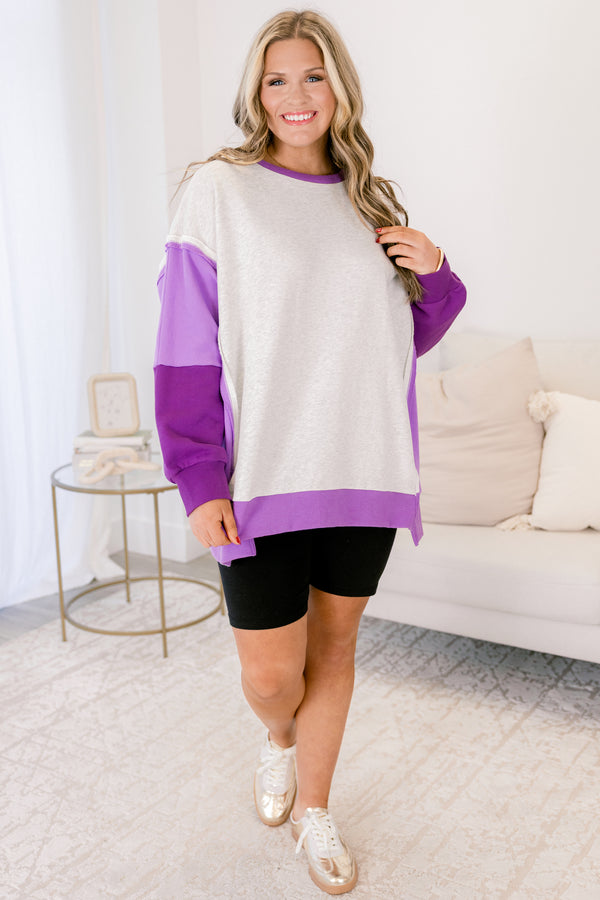 Chic Soul plus size clothing, heather grey crewneck pullover with different shades of purple color blocked sleeves