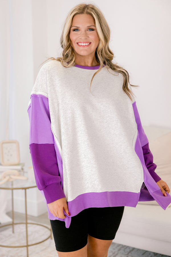 Chic Soul plus size clothing, heather grey crewneck pullover with different shades of purple color blocked sleeves