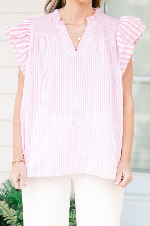 Chic Soul plus size clothing, short-flutter-sleeve pink and white striped top with a split-v-neckline